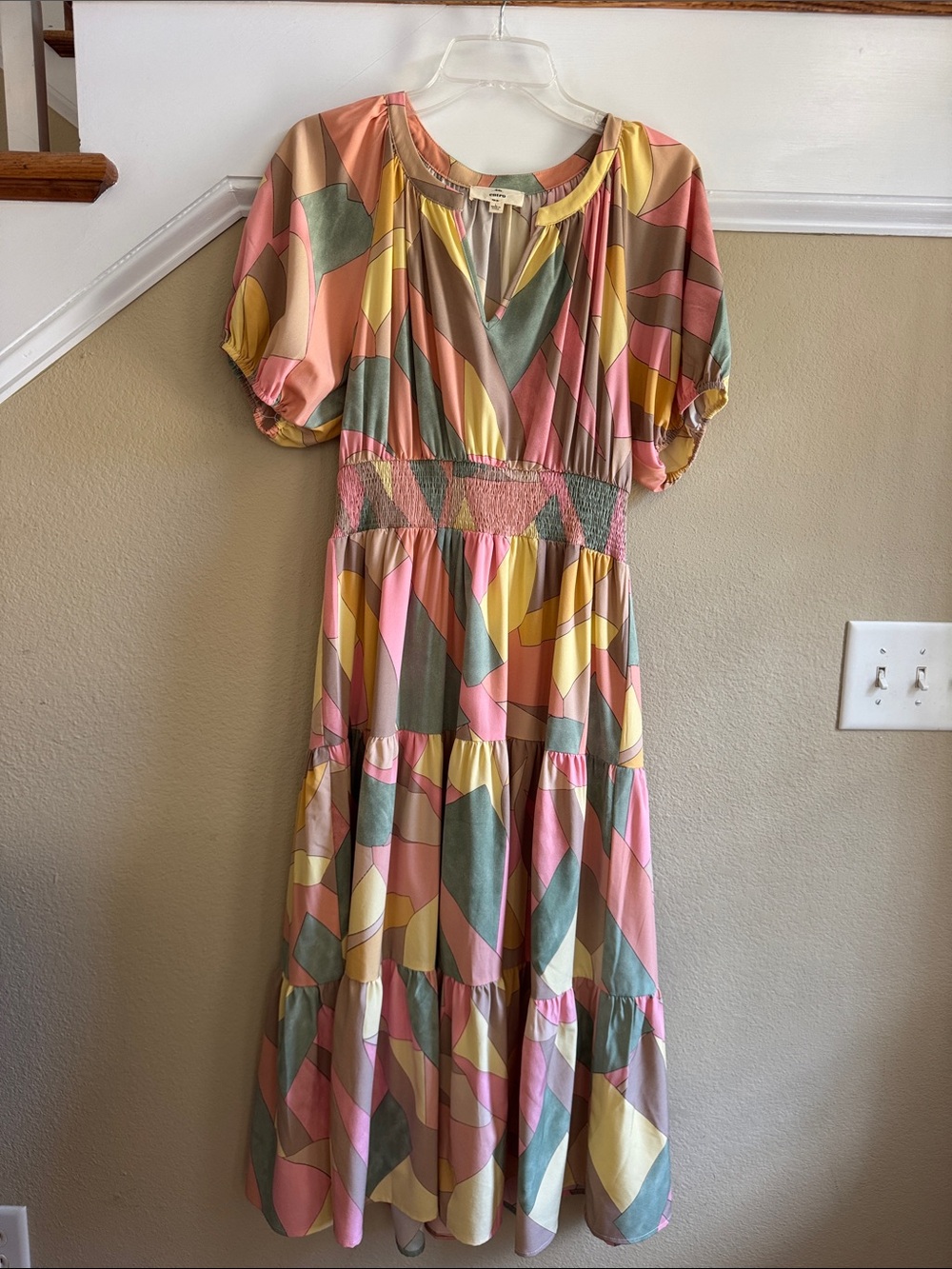 entro Pastel Abstract Midi Dress in Pink, Yellow, Green